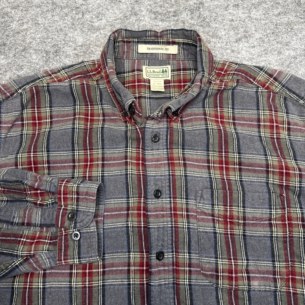 LL Bean flannel shirt men's XL gray red plaid outdoor nature classic dad 228061
